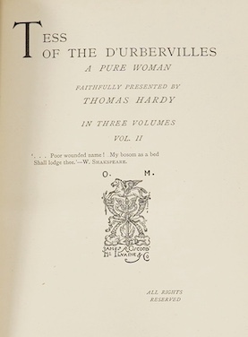 Hardy, Thomas - Tess of the D'Urbervilles a pure woman faithfully presented...in three volumes, London: James R. Osgood, McIlvaine and Co., 1891, 8vo, with half titles, contemporary red crushed half morocco, green silk b